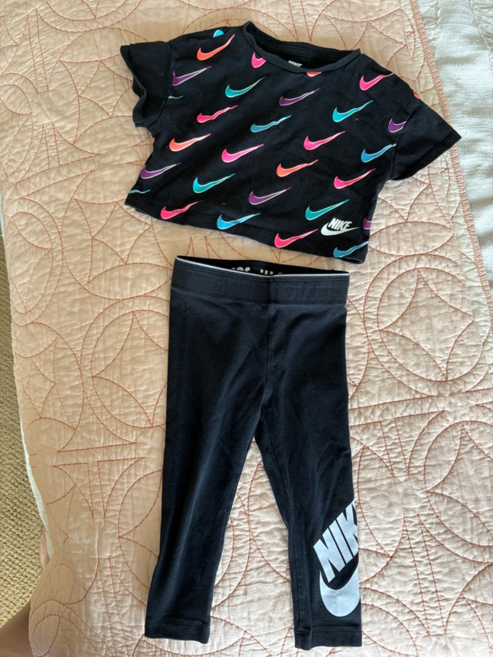 Toddler Nike Black Crop Tee & Black Leggings with Multicolor Swooshes